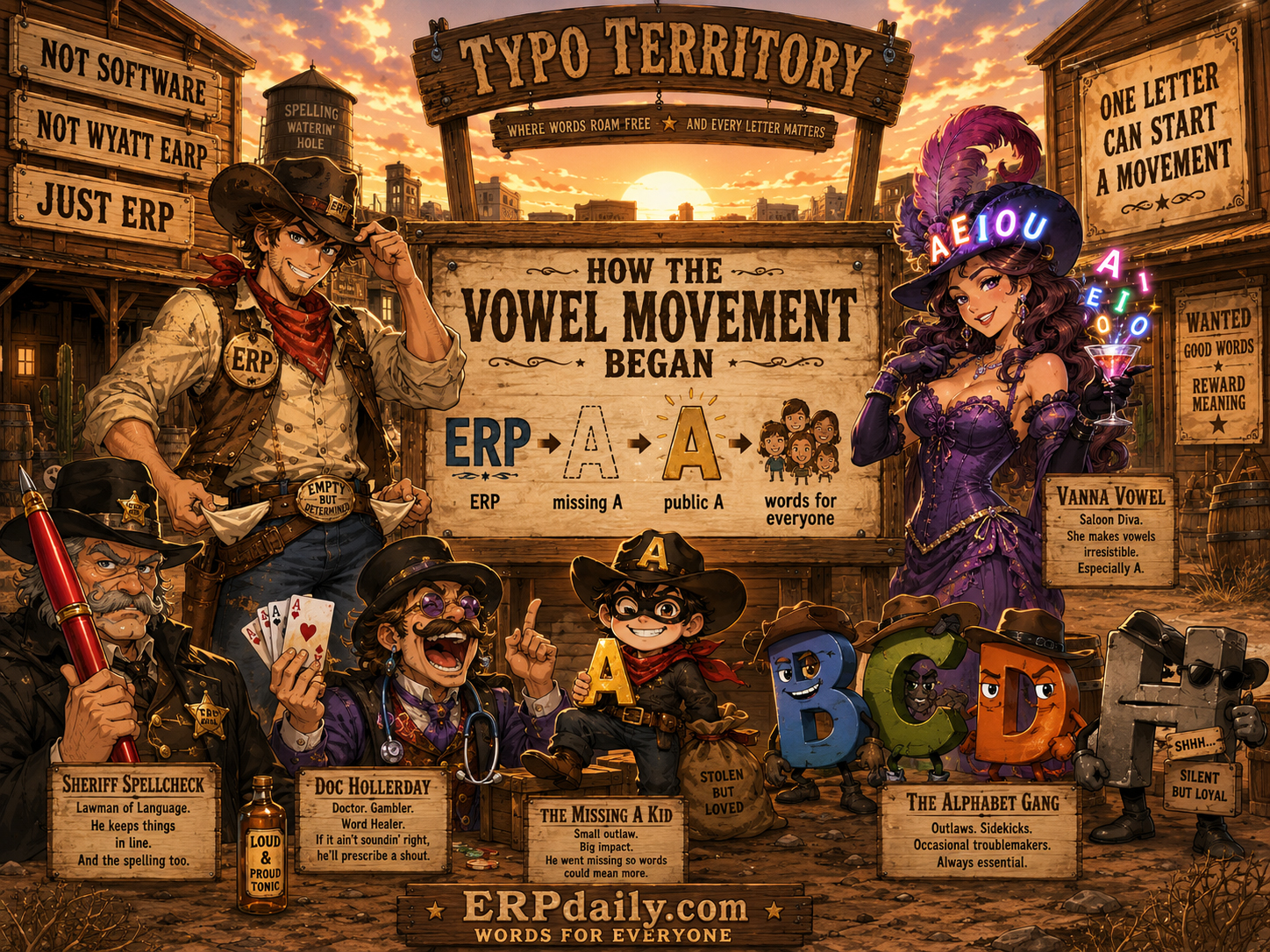 The ERPdaily cast standing around a board showing how the Vowel Movement began.