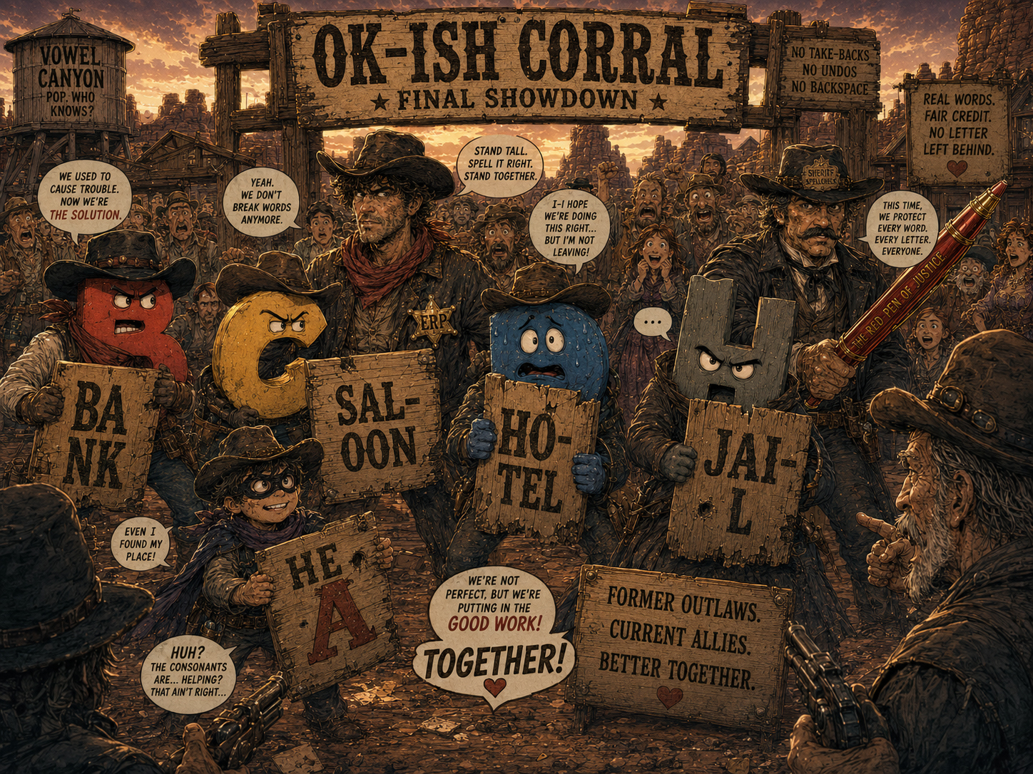 The Alphabet Gang stands with Wyatt and Sheriff Spellcheck at the OK-ish Corral holding broken signs as shields.