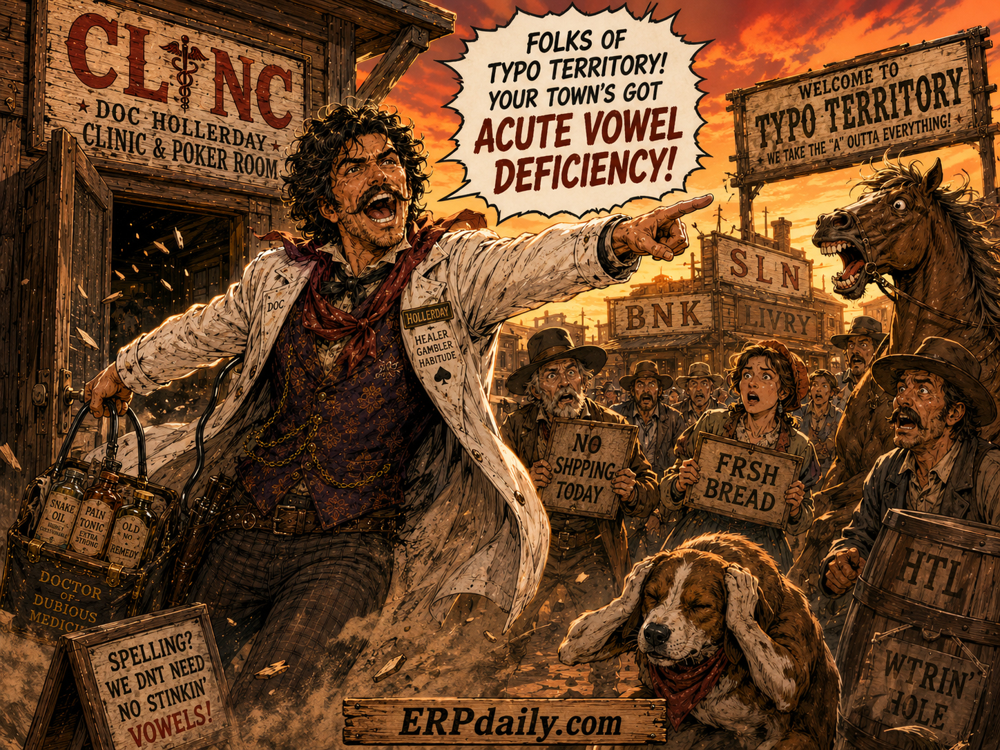Doc Hollerday bursts from his frontier clinic shouting a diagnosis while townspeople clutch broken signs.