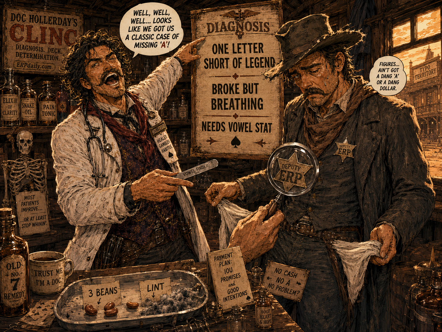 Doc Hollerday examines Wyatt Erp's ERP badge and empty pockets, declaring him one A short of legend.