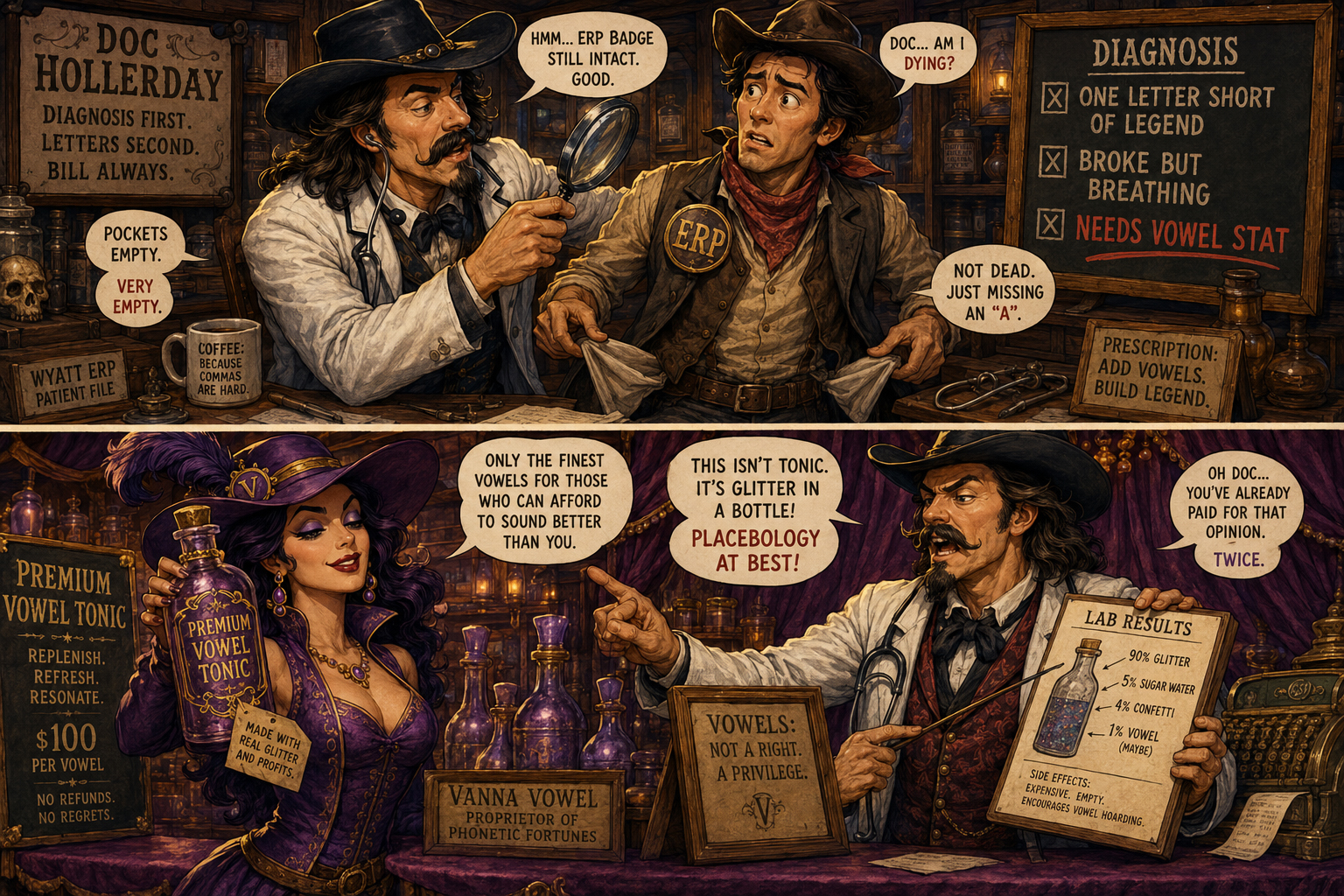 Vanna Vowel sells expensive vowel tonic while Doc Hollerday objects with a medical chart.