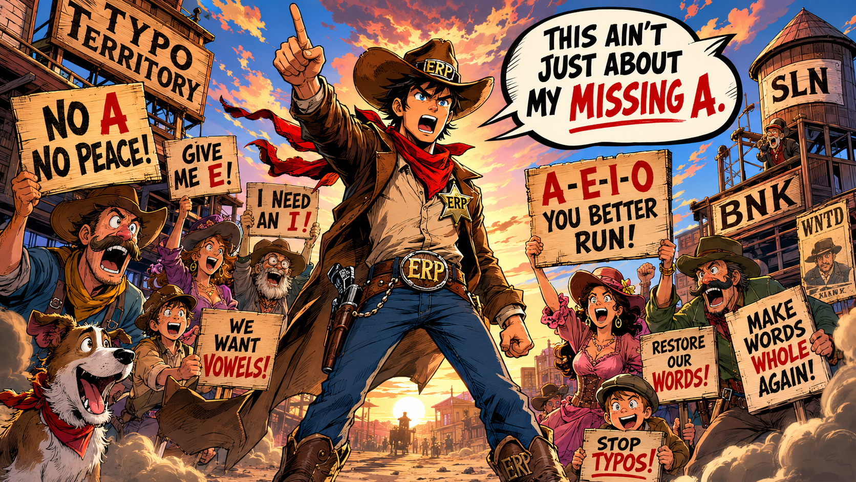 Wyatt Erp stands in the middle of the street as wind blows his coat and townspeople gather behind him holding broken signs.