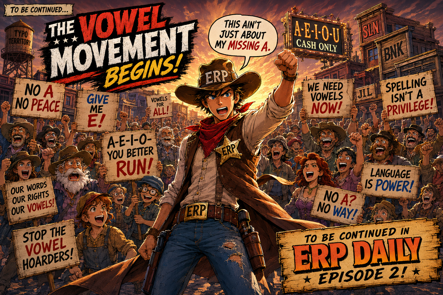 Heroic manga panel of townspeople rallying behind Wyatt Erp with signs reading NO A NO PEACE and GIVE ME E.