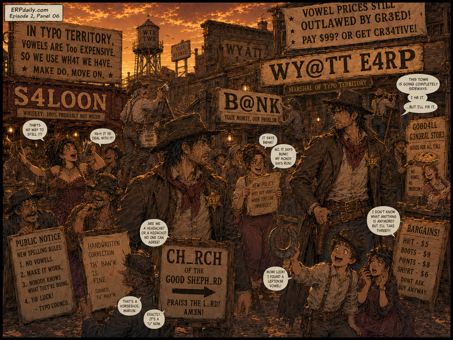 Townspeople test ridiculous vowel substitutes like @ signs and number 4s, making signs worse.