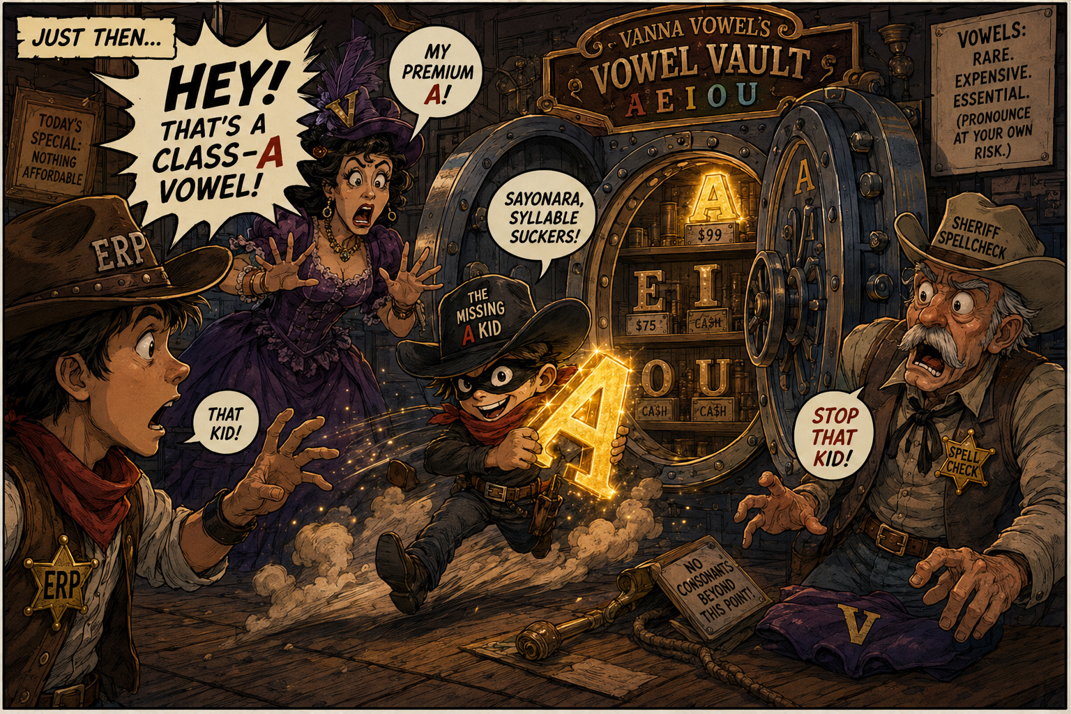 The Missing A Kid stealing a glowing golden A from Vanna Vowel’s vault.