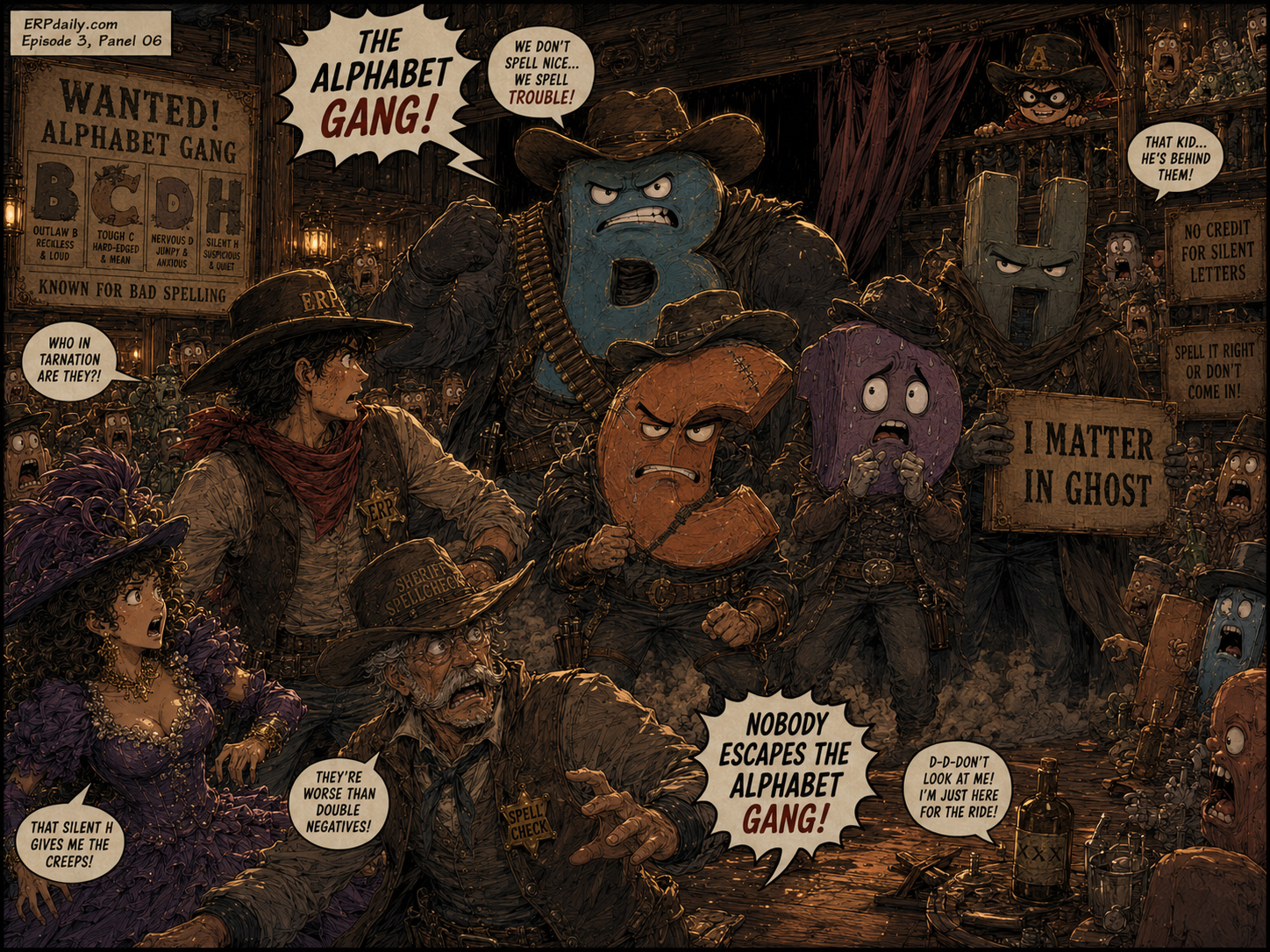 The Alphabet Gang steps from the shadows: B, C, D, and a suspicious silent H, all dressed as western outlaws.