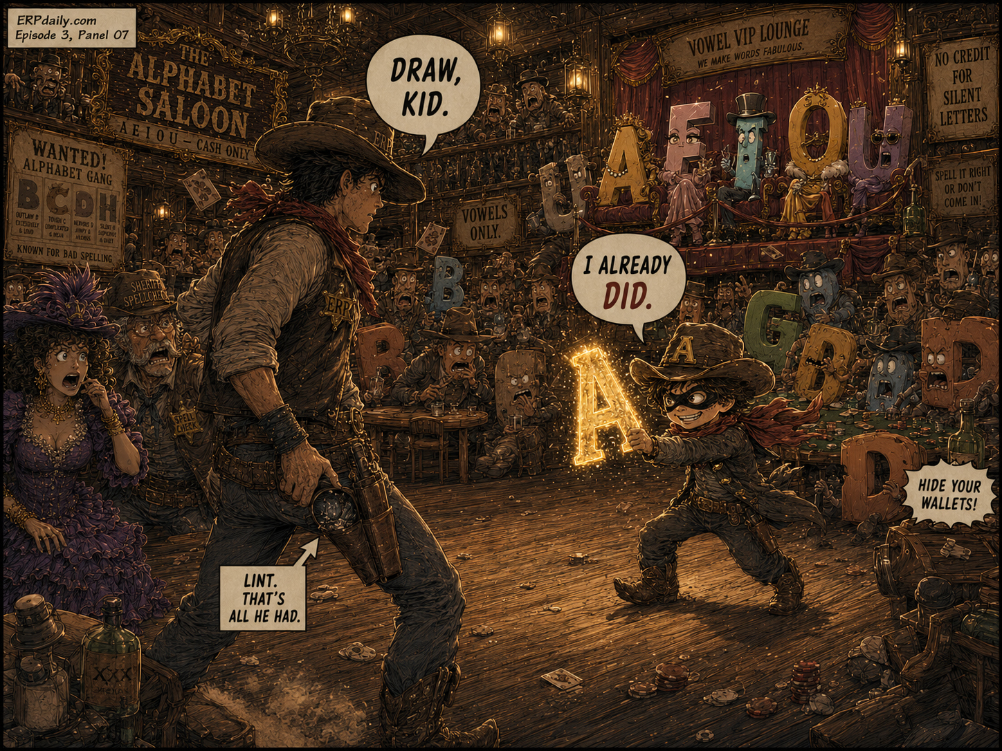 Wyatt Erp and the Missing A Kid face off in the saloon, one with an empty holster and one with a glowing A.