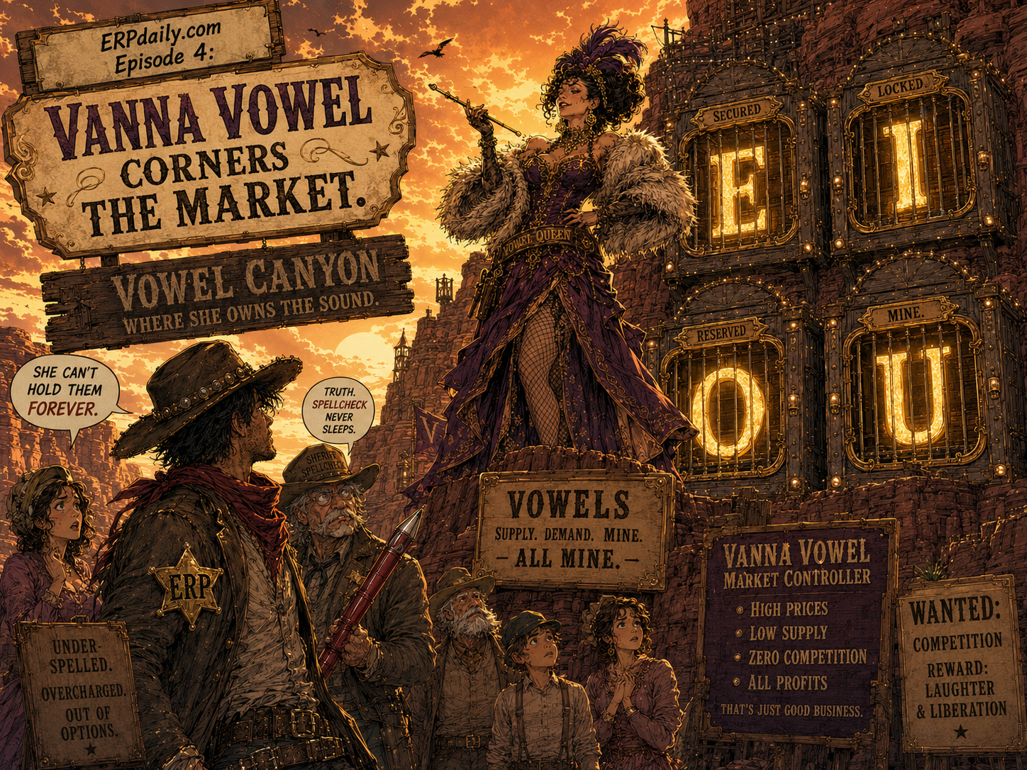 Vanna Vowel stands at Vowel Canyon with glowing E I O U locked in cages while Wyatt Erp and the town face a new vowel shortage.