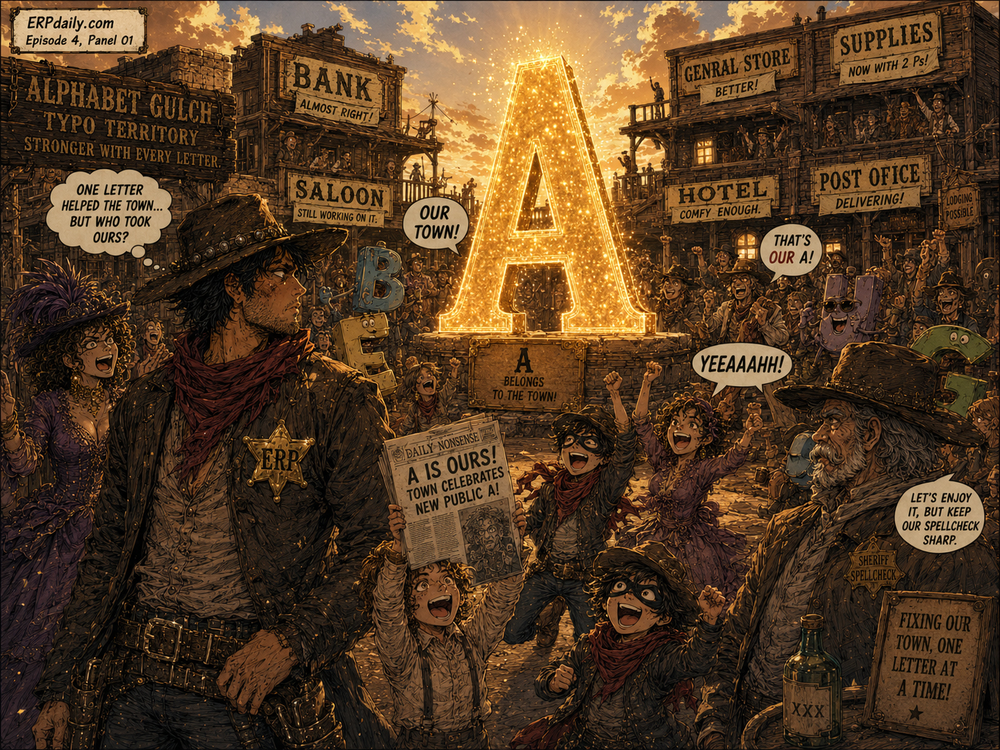 Episode 4 panel 1: Morning came to Typo Territory. The public A worked miracles. For the first time in weeks, the bank was almost a bank.