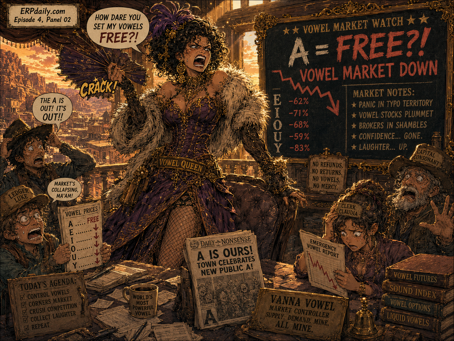Episode 4 panel 2: Vanna saw the A price collapse and took it personally, financially, and theatrically.