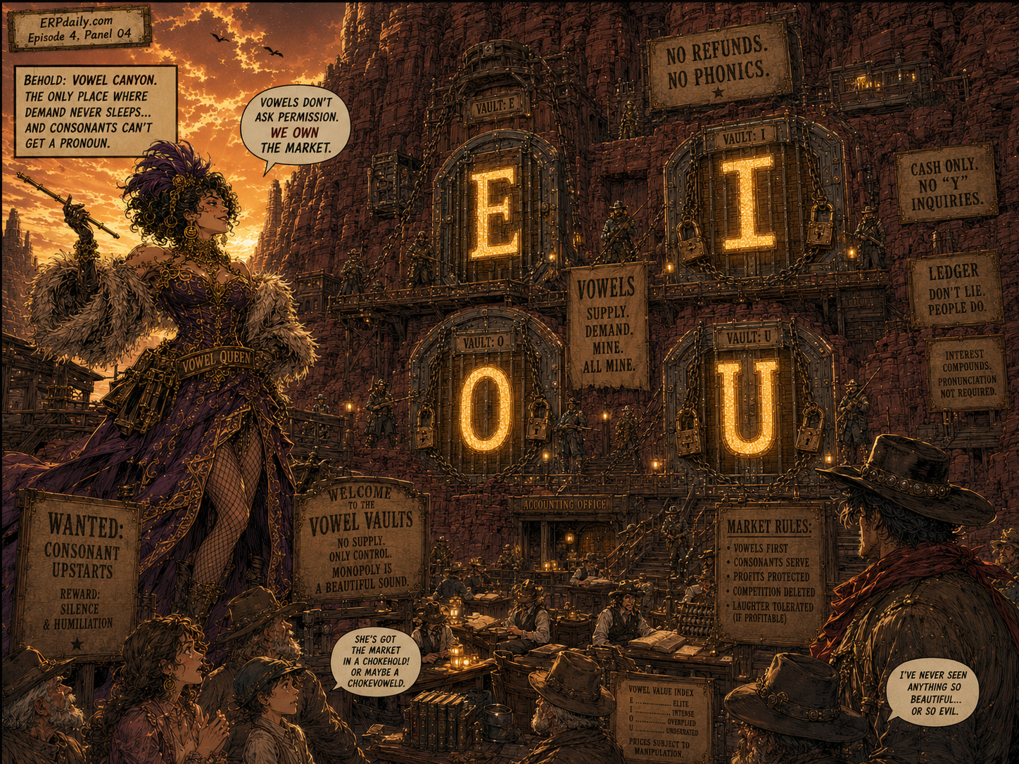 Episode 4 panel 4: Vowel Canyon was not really a canyon. It was a warehouse with scenery, locks, guards, ledgers, and absolutely no refunds.