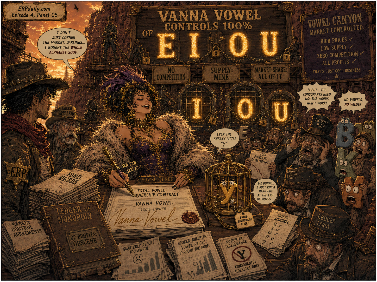 Episode 4 panel 5: Vanna bought futures, options, deeds, rumors, and one suspicious lowercase y. She had cornered the market.