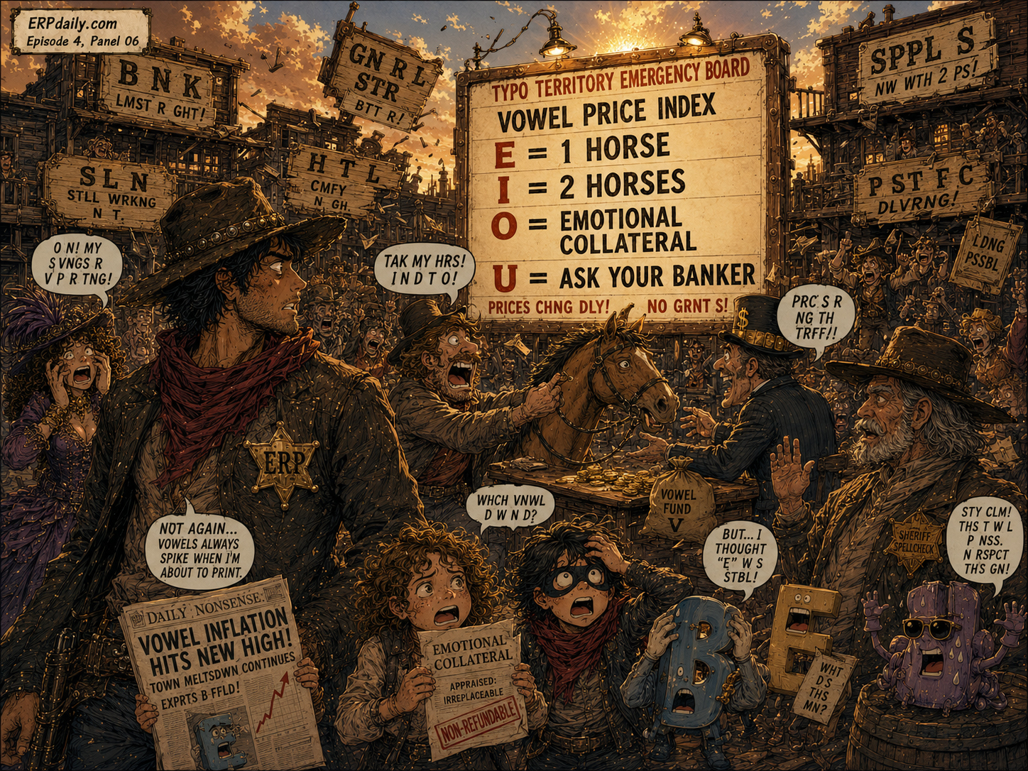 Episode 4 panel 6: Back in town, prices exploded. E cost a horse. I cost two horses. O required emotional collateral.