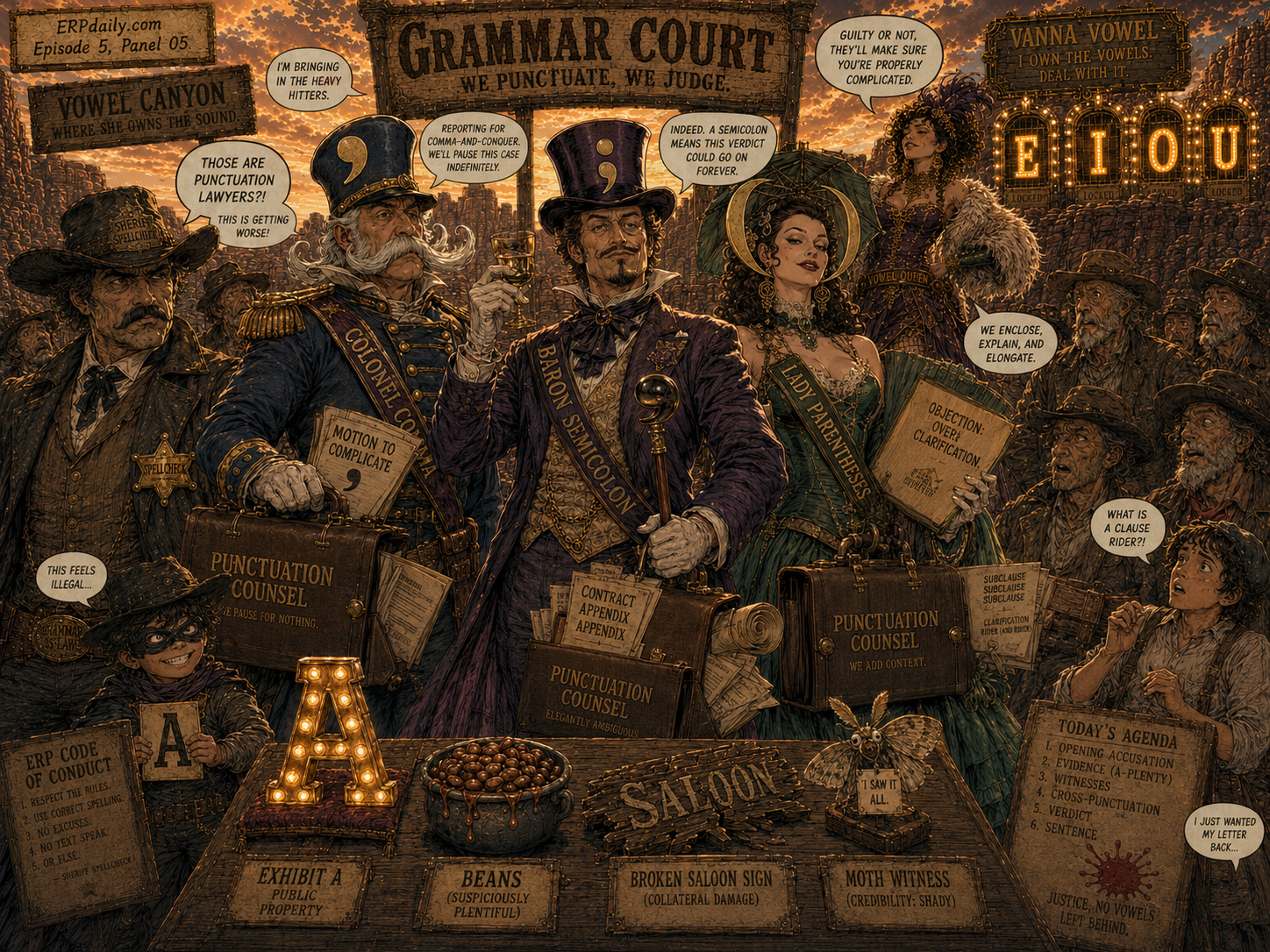 Vanna brings punctuation lawyers with briefcases and confusing contracts into Grammar Court.