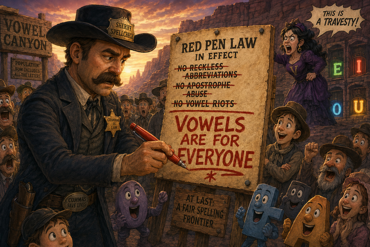 Sheriff Spellcheck rewrites the law to say Vowels Are for Everyone while the crowd gasps, Vanna fumes, and Wyatt smiles.