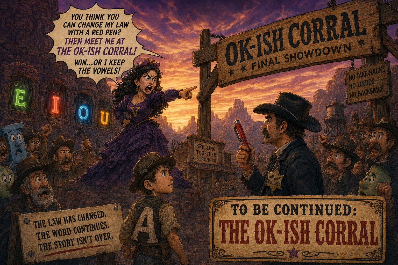 Vanna challenges Wyatt, Sheriff Spellcheck, and the town to a final showdown at the OK-ish Corral.