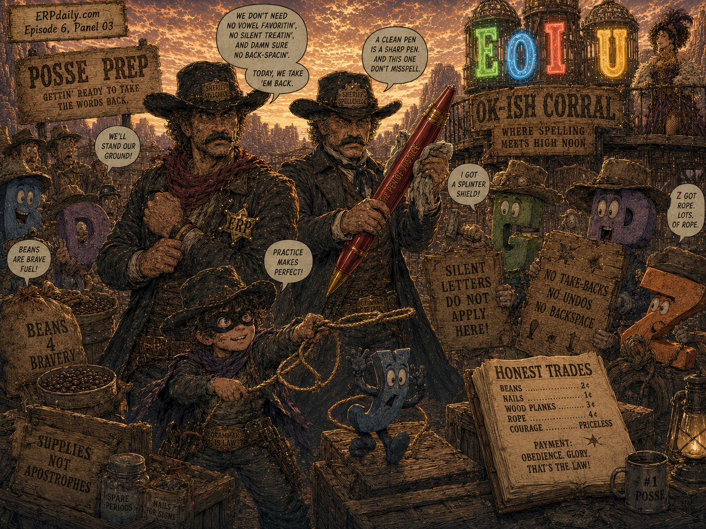 Wyatt’s posse prepares with broken signs as shields, beans as supplies, an honest ledger, and Sheriff Spellcheck polishing the red pen.