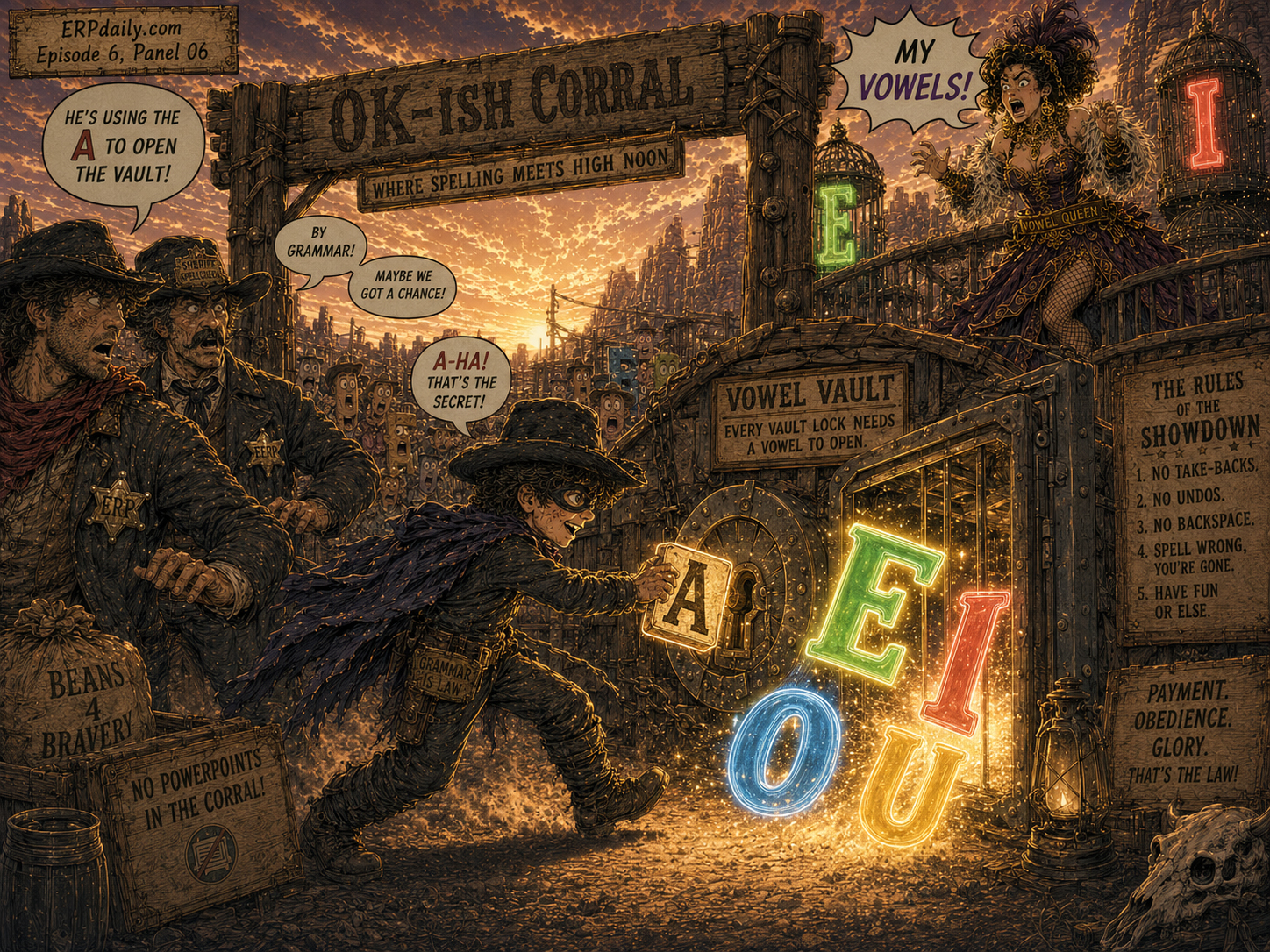 The Missing A Kid sneaks under the corral gate and unlocks the vowel vault with the public A.