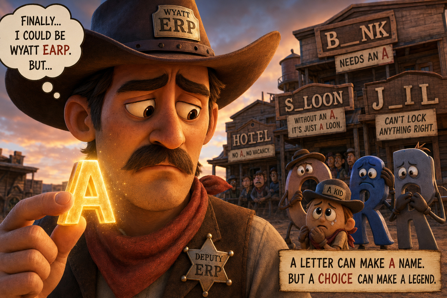 Wyatt holds the glowing A near his badge, almost becoming Wyatt Earp, then sees the town’s broken signs behind him.