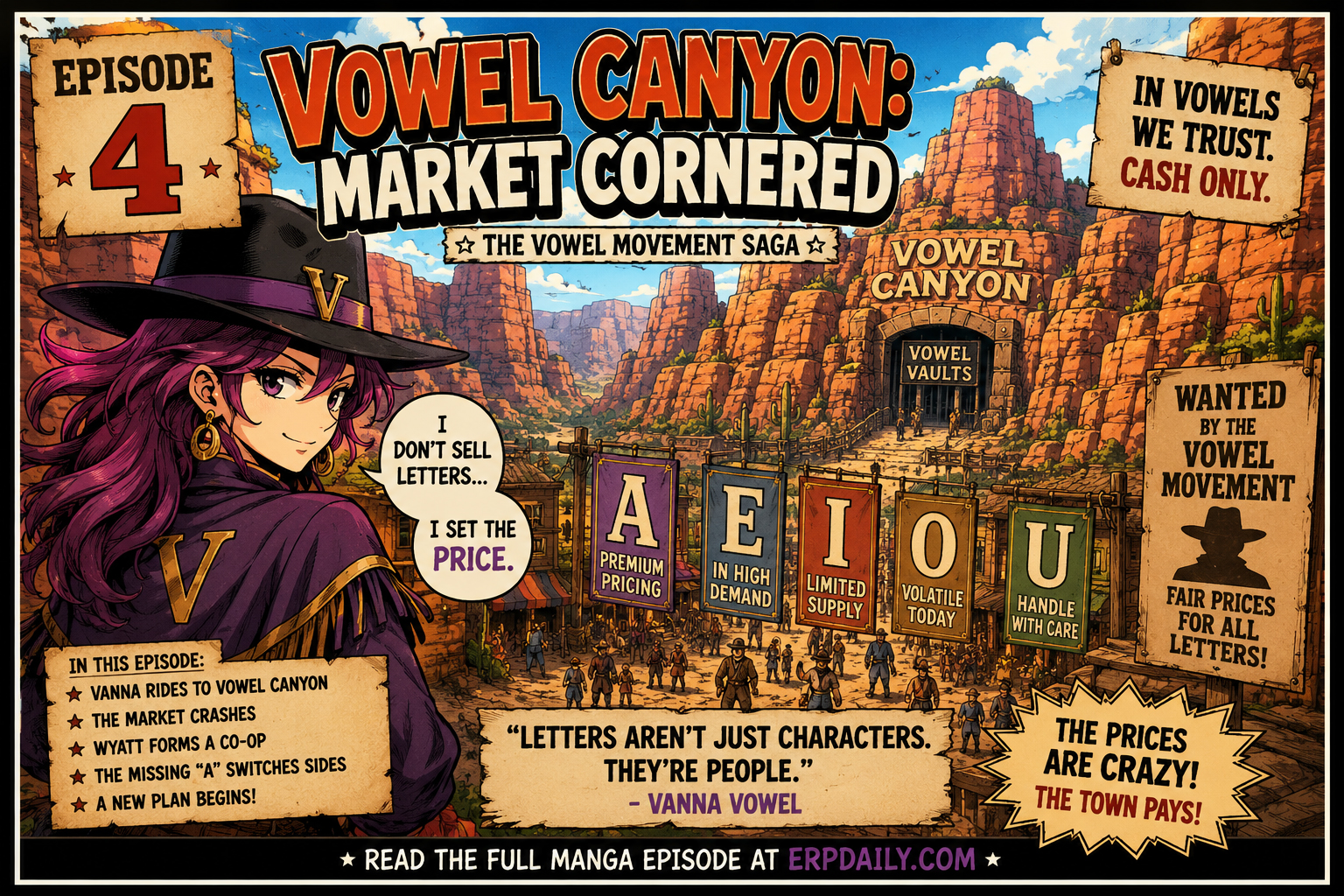 Episode 4: Vanna Vowel at Vowel Canyon with E I O U locked in vault doors.