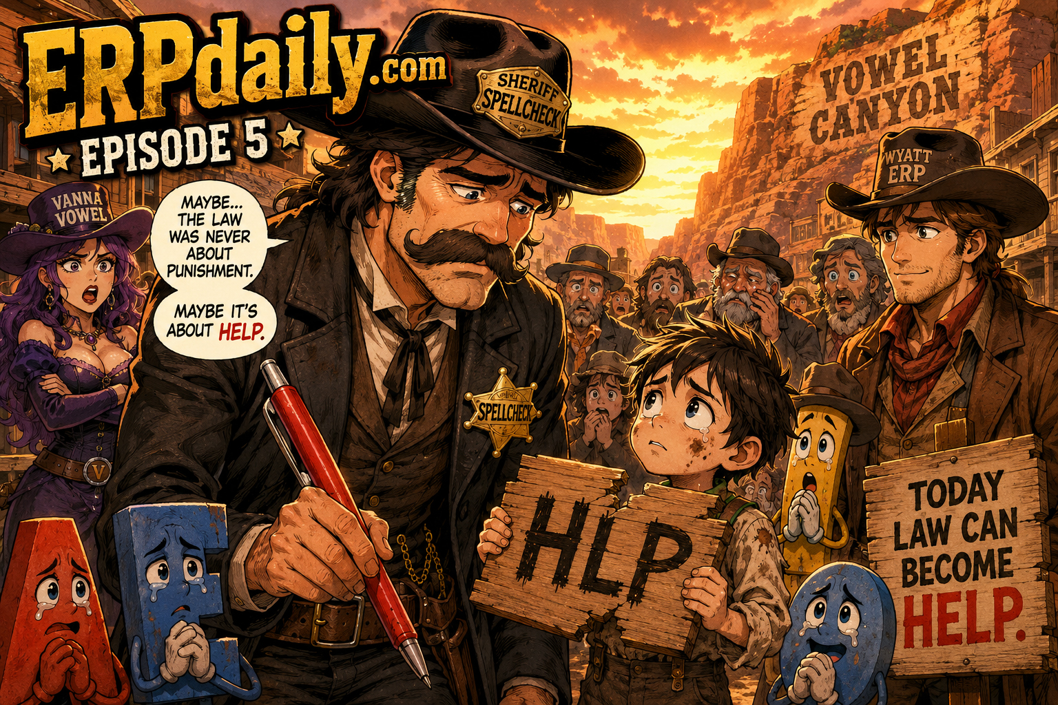Episode 5: Sheriff Spellcheck lowers his red pen for a child with an HLP sign.