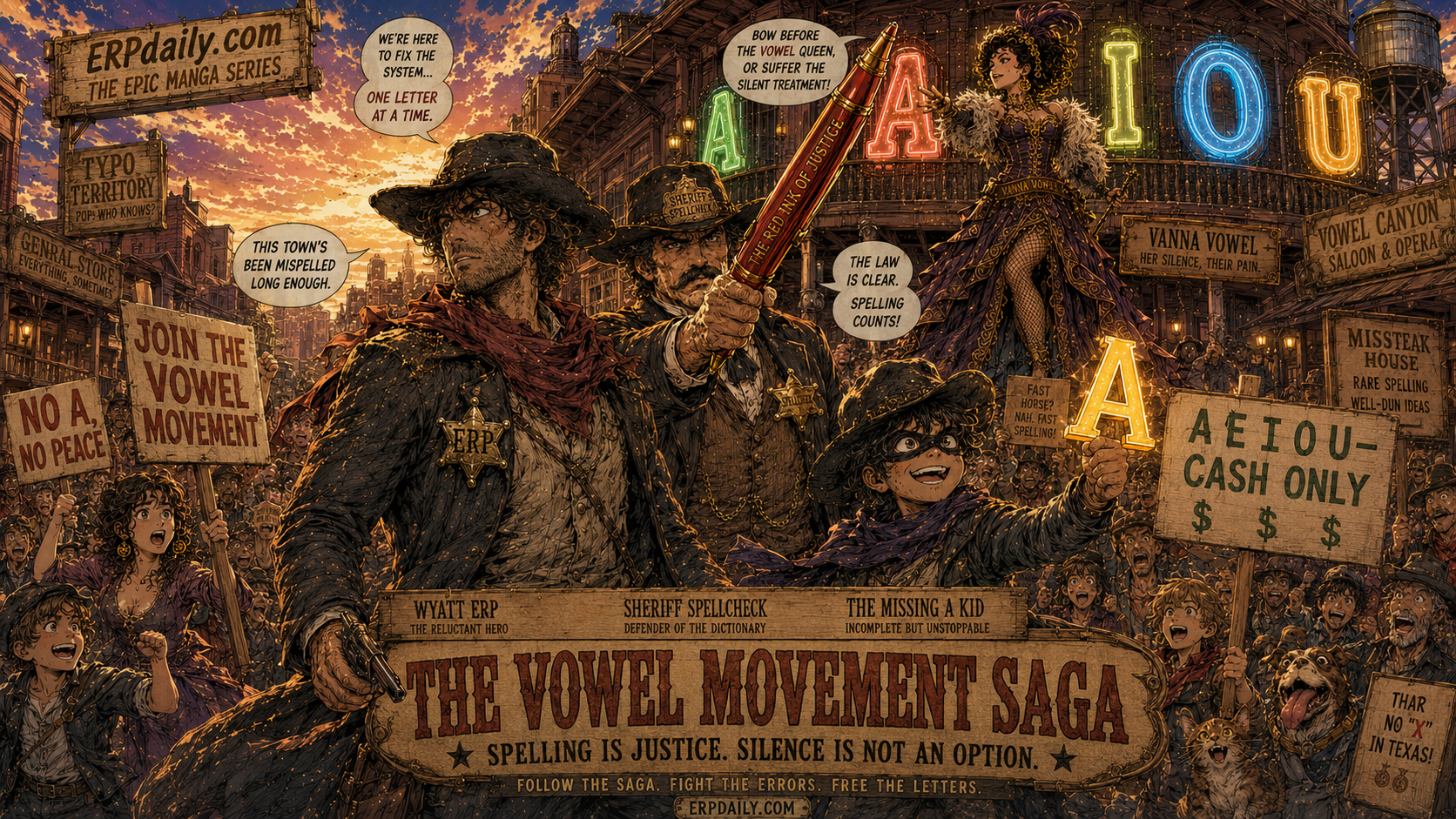 Wyatt Erp leads the Vowel Movement across Typo Territory with Vanna Vowel, Sheriff Spellcheck, the Missing A Kid, and the Alphabet Gang.