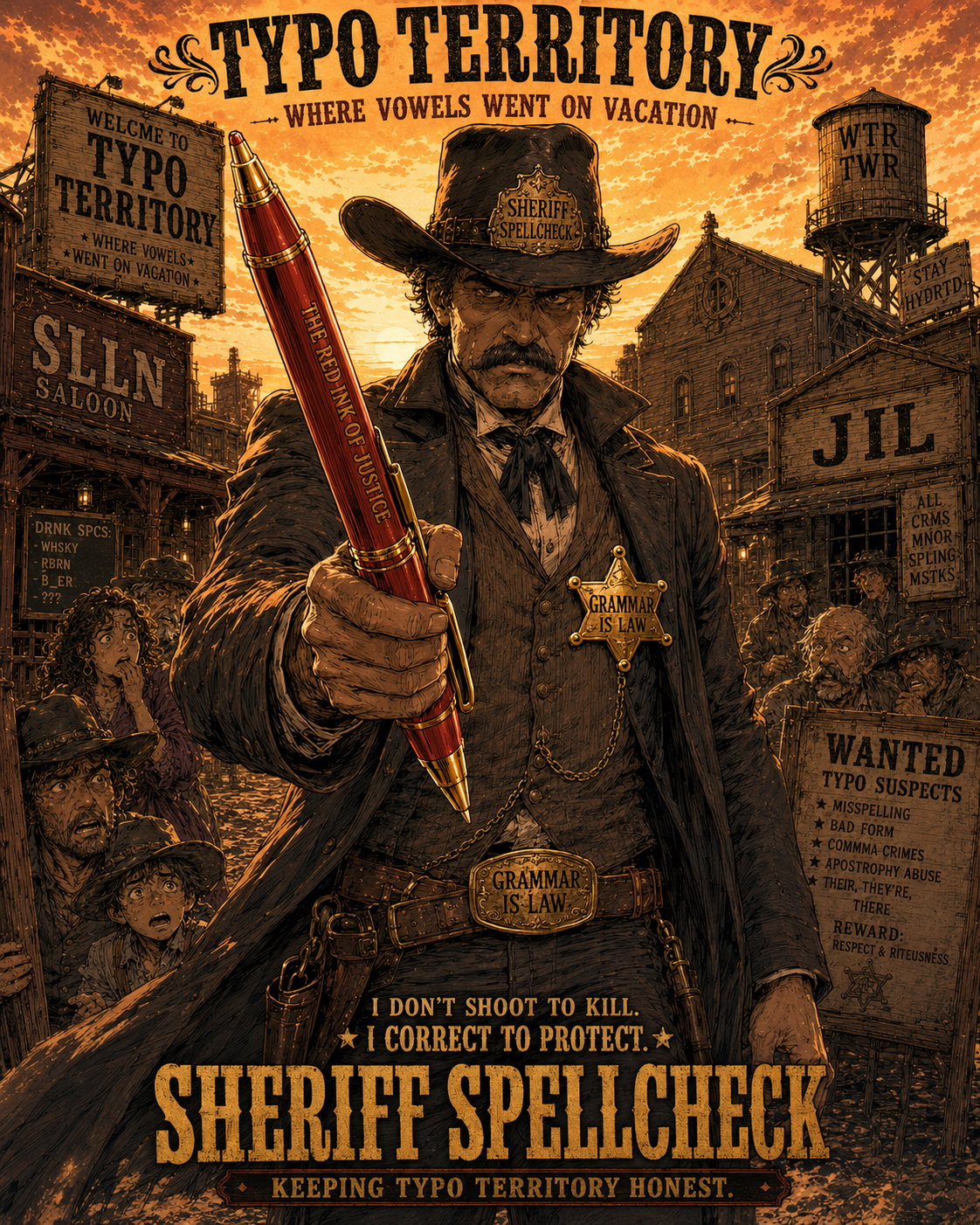 Sheriff Spellcheck character poster.