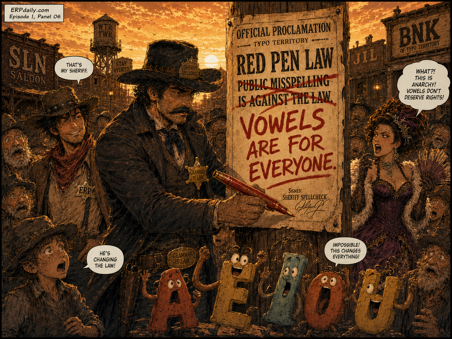 Sheriff Spellcheck rewrites the Red Pen Law to say vowels are for everyone.
