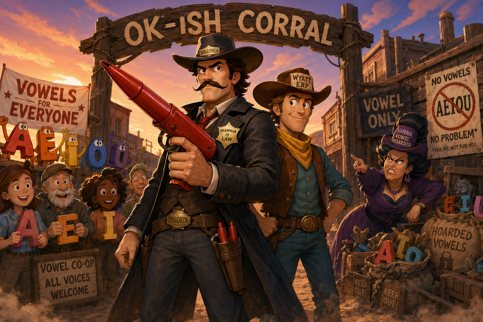 Sheriff Spellcheck stands beside Wyatt Erp at the OK-ish Corral.