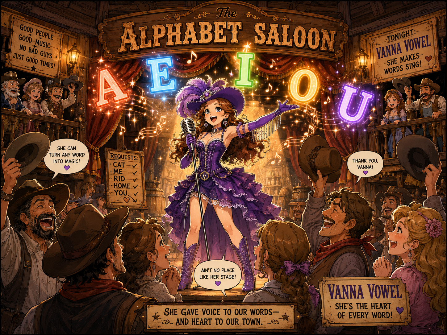 Young Vanna Vowel performing onstage as glowing vowels float above the Alphabet Saloon crowd.