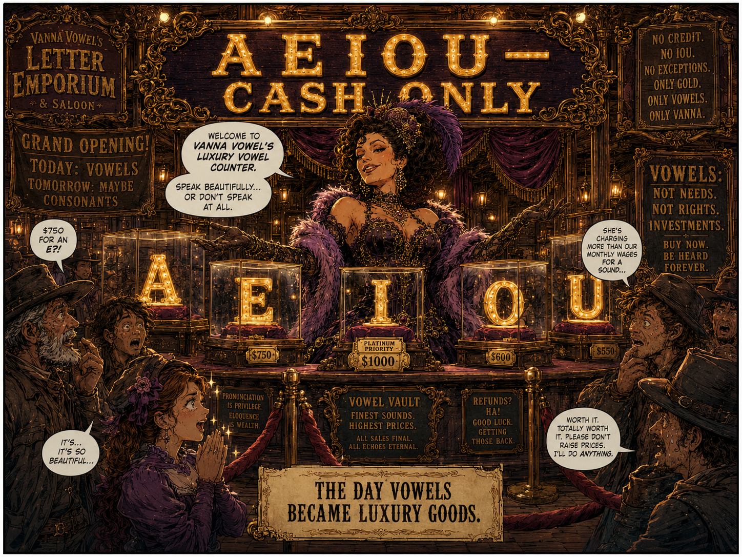 Vanna opens a velvet letter counter with a sign reading A E I O U cash only.