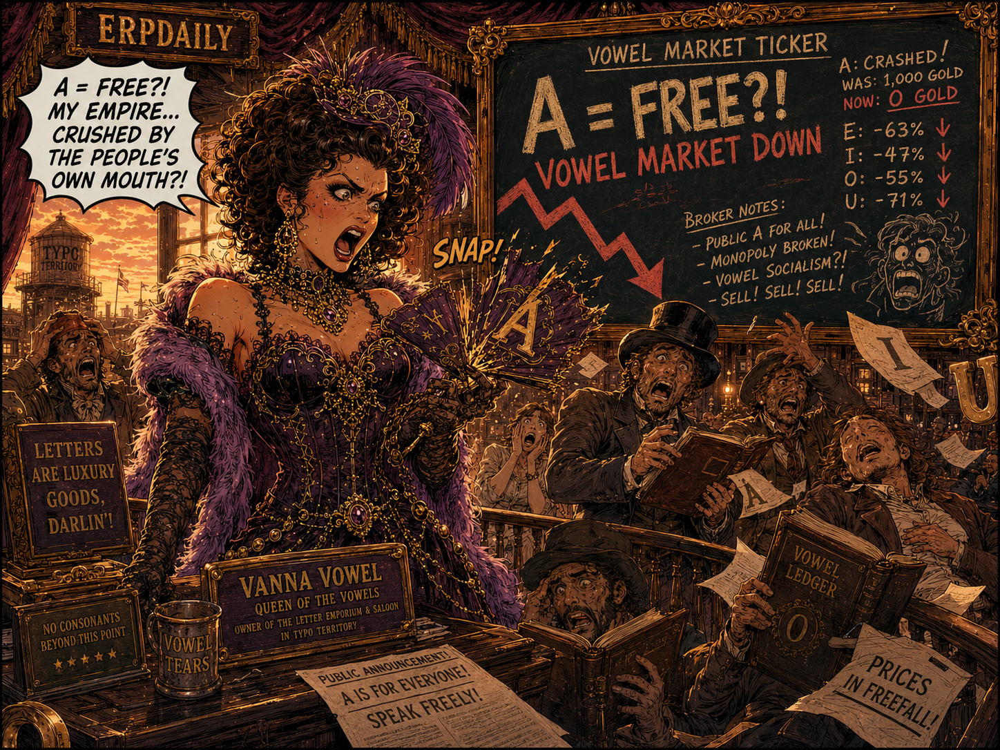 Vanna watches a chalkboard showing A equals free and vowel market down.