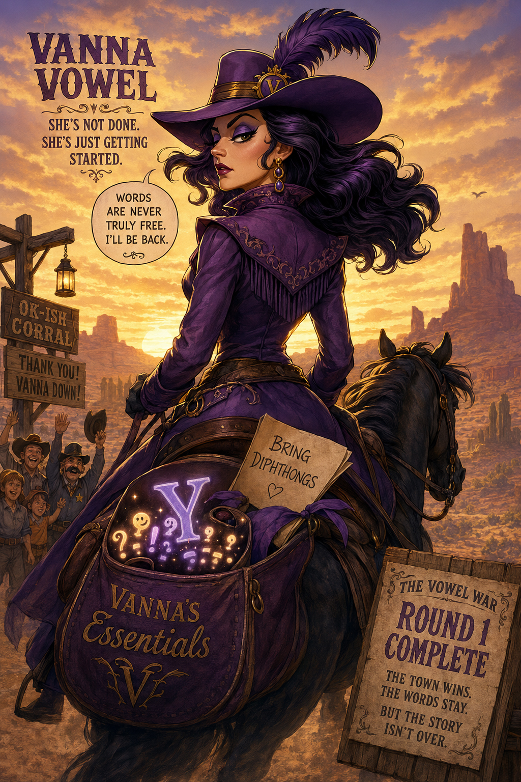 Vanna rides away from the OKAY-ish Corral at sunset, plotting her return with diphthongs.
